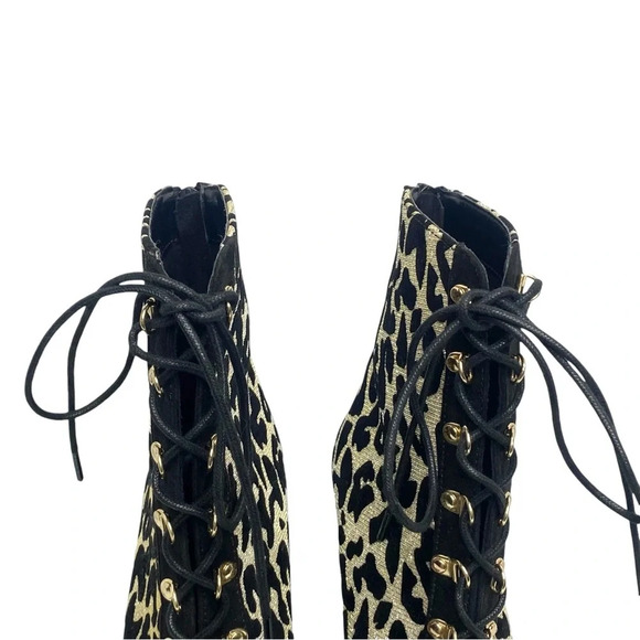 Anne Michelle Metallic Gold & Black Stiletto Heel Ankle Booties Lace Up Peep Toe - Picture 7 of 14